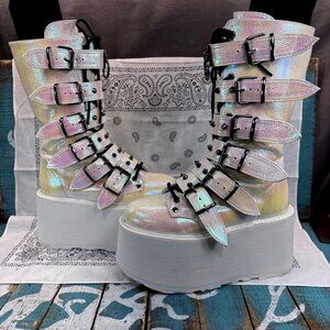 DEMONIA DAMNED-225 3" Platform White-Pearl Spike Buckle Straps Boots Womans Sz 6